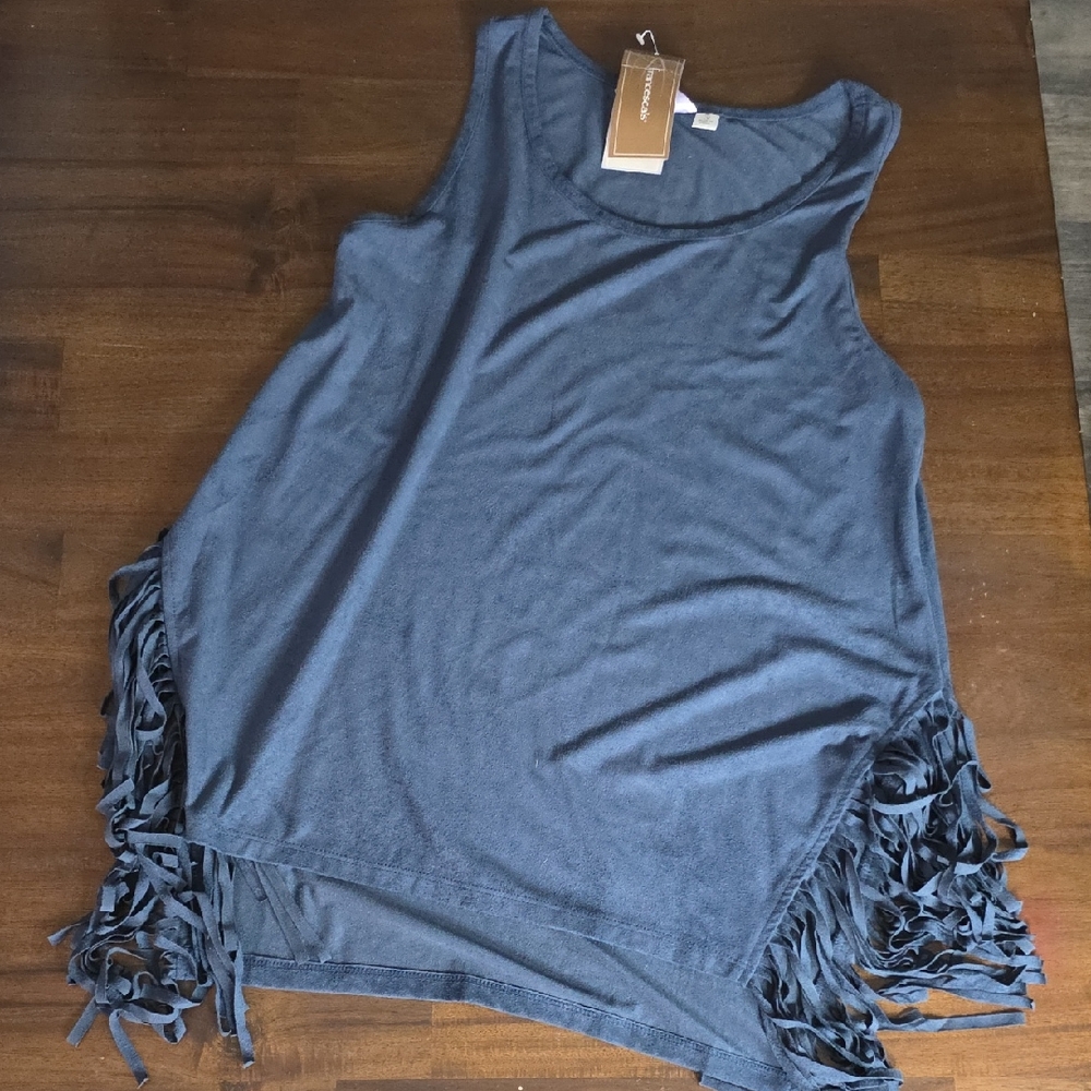 Fringed Navy Suede Sleeveless Tank Top - Casual Women's Layering Tee